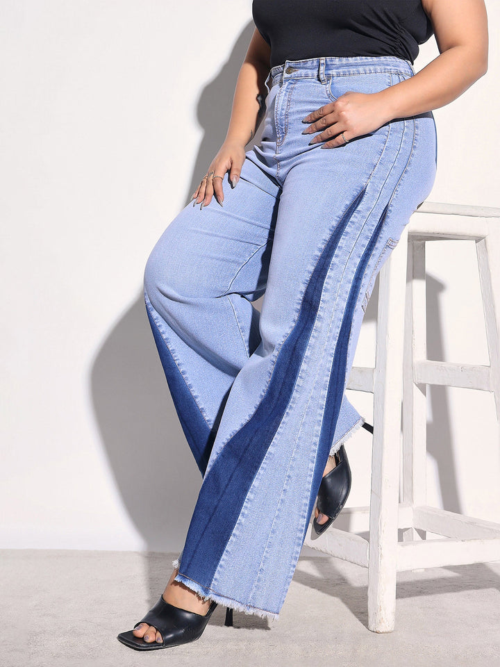 Women Ice Blue Denim Side Color Block Flared Jeans