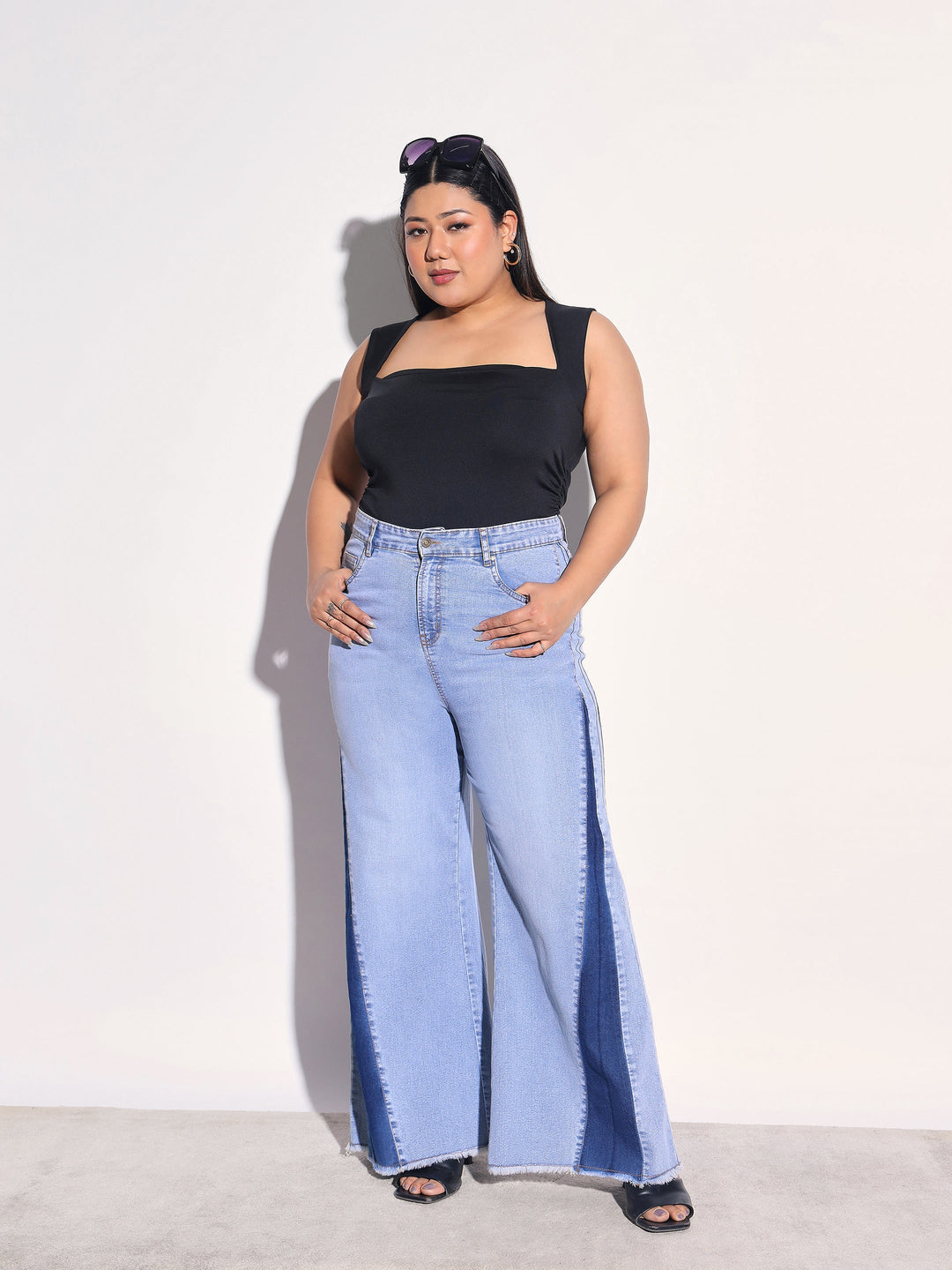 Women Ice Blue Denim Side Color Block Flared Jeans