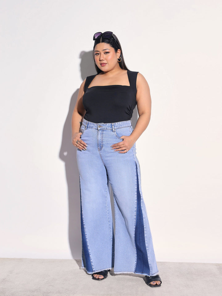 Women Ice Blue Denim Side Color Block Flared Jeans