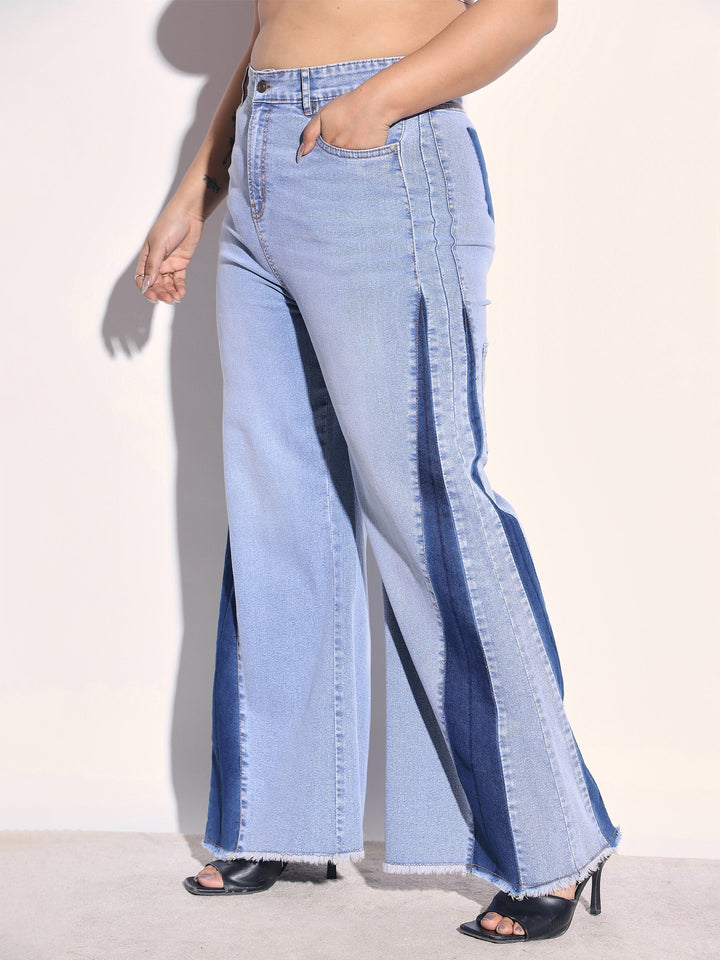 Women Ice Blue Denim Side Color Block Flared Jeans