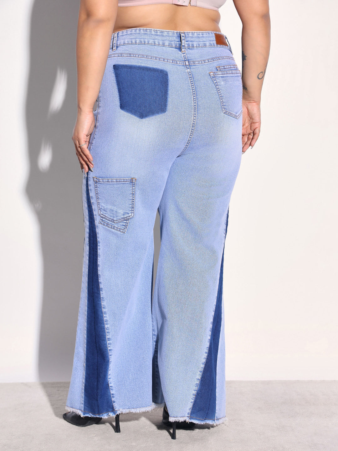 Women Ice Blue Denim Side Color Block Flared Jeans