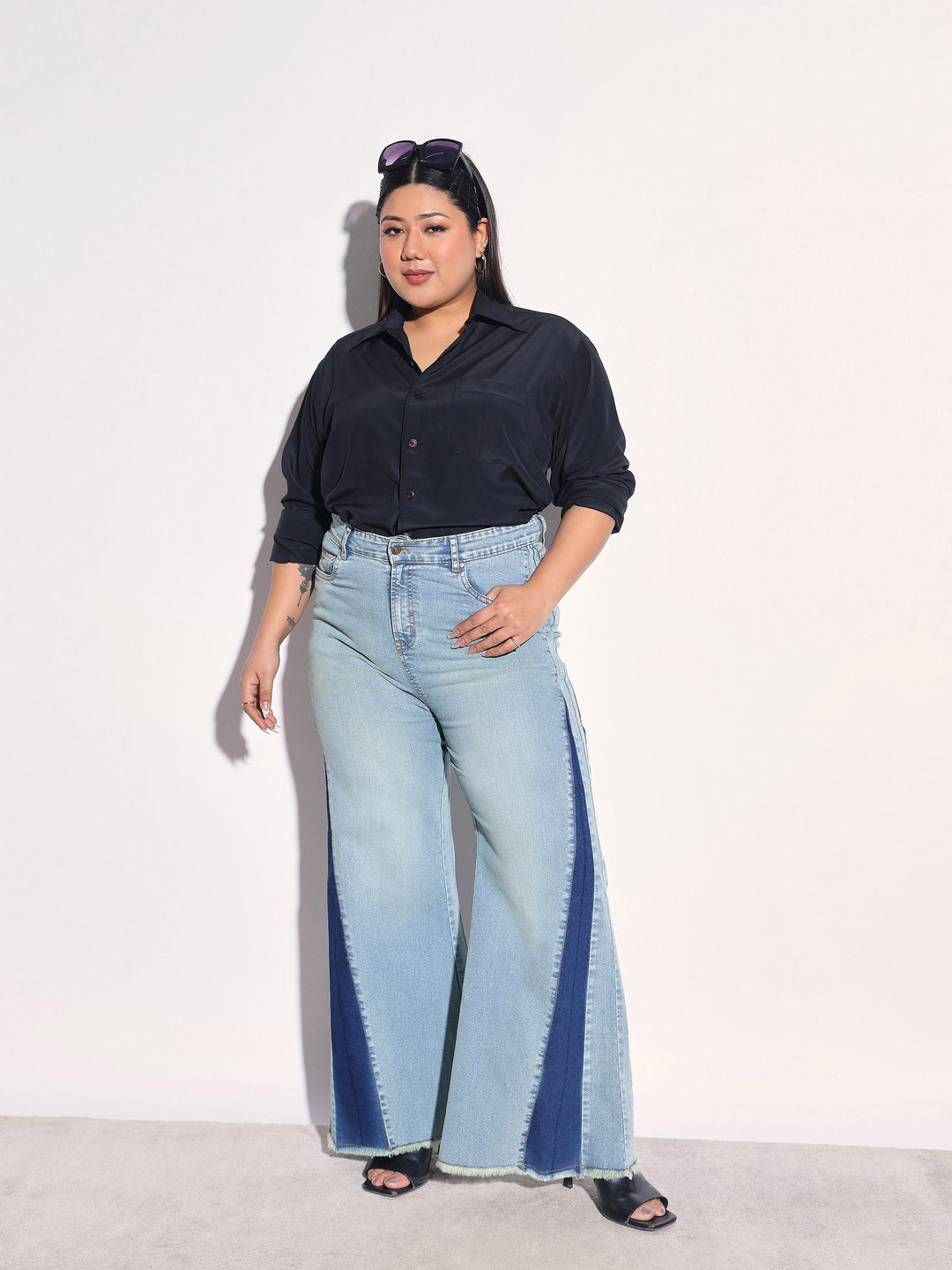 Women Blue Whisker Denim Side Color Block Flared Jeans