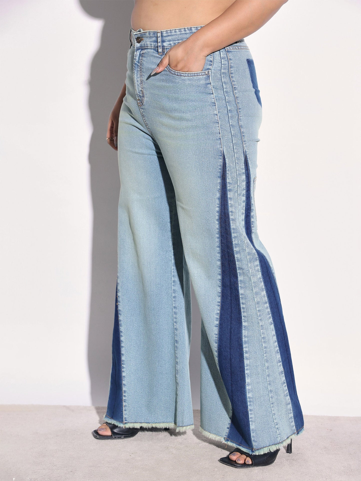 Women Blue Whisker Denim Side Color Block Flared Jeans
