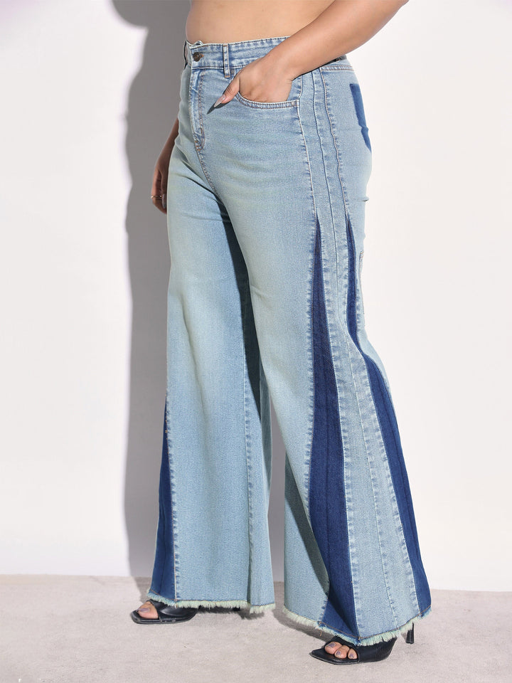 Women Blue Whisker Denim Side Color Block Flared Jeans