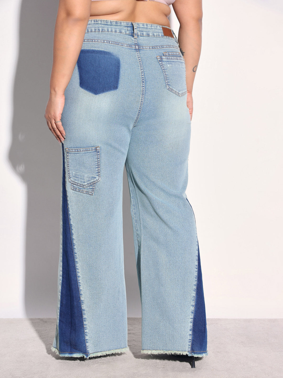 Women Blue Whisker Denim Side Color Block Flared Jeans