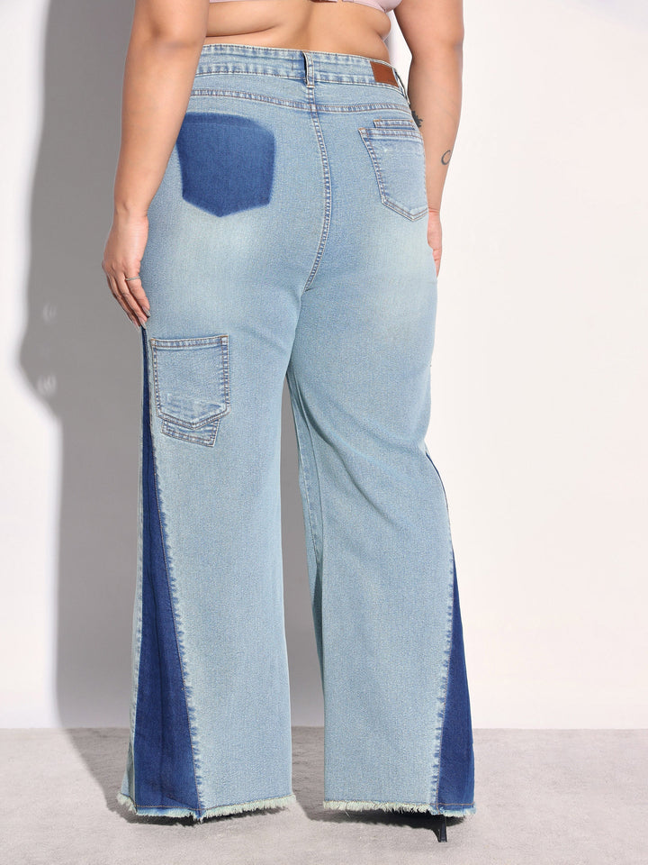 Women Blue Whisker Denim Side Color Block Flared Jeans