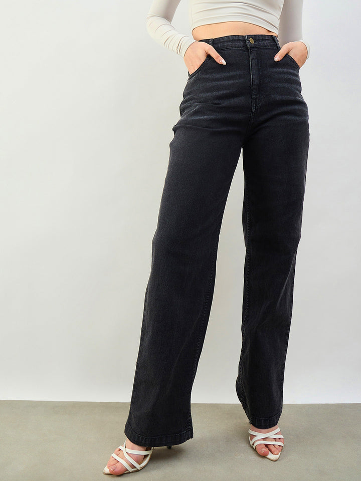Women Black Whisker High Waist Straight Fit Jeans