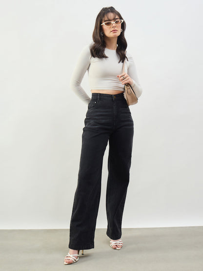 Women Black Whisker High Waist Straight Fit Jeans