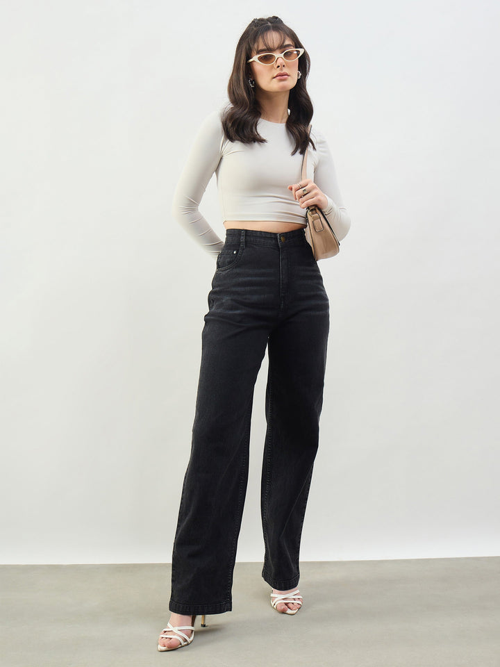 Women Black Whisker High Waist Straight Fit Jeans