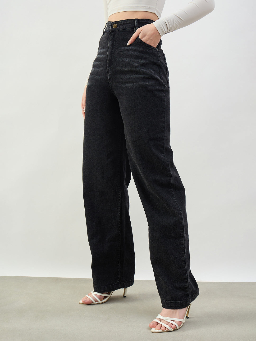 Women Black Whisker High Waist Straight Fit Jeans
