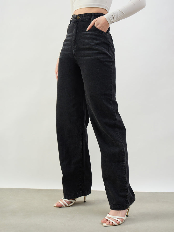 Women Black Whisker High Waist Straight Fit Jeans