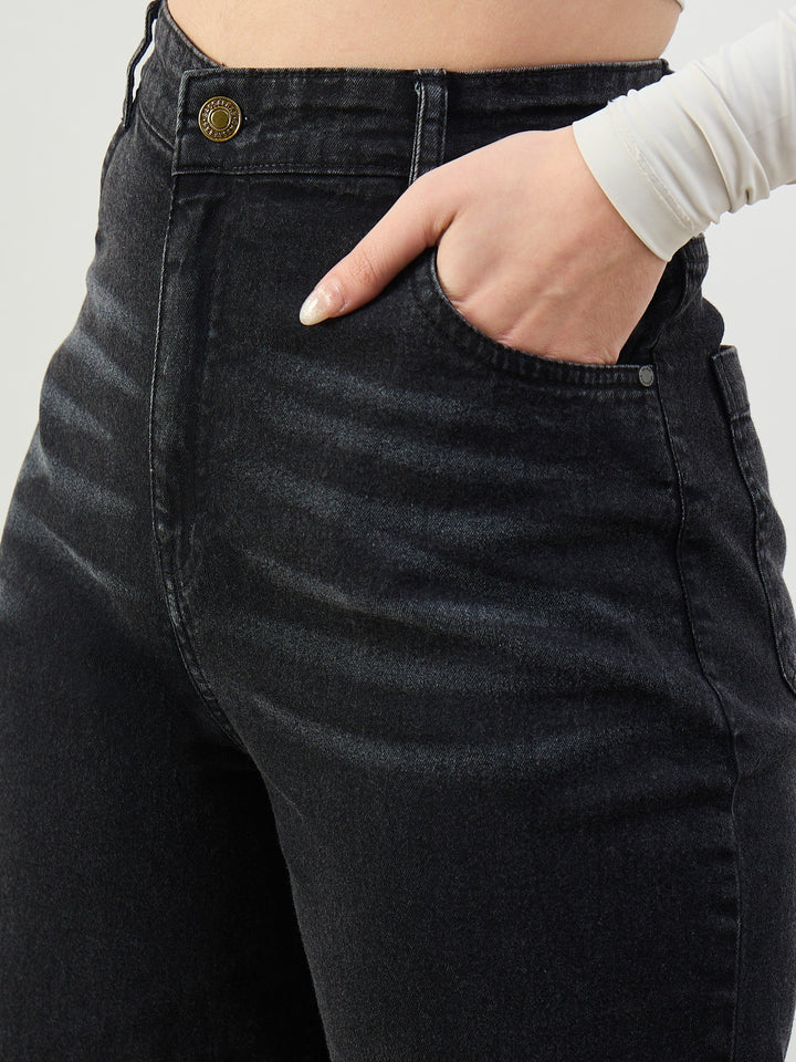 Women Black Whisker High Waist Straight Fit Jeans