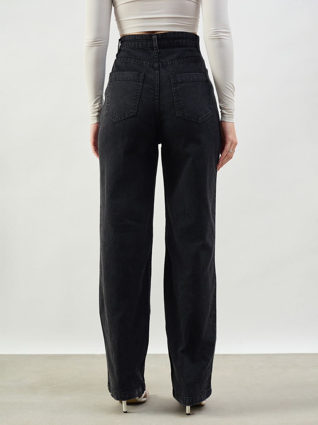 Women Black Whisker High Waist Straight Fit Jeans
