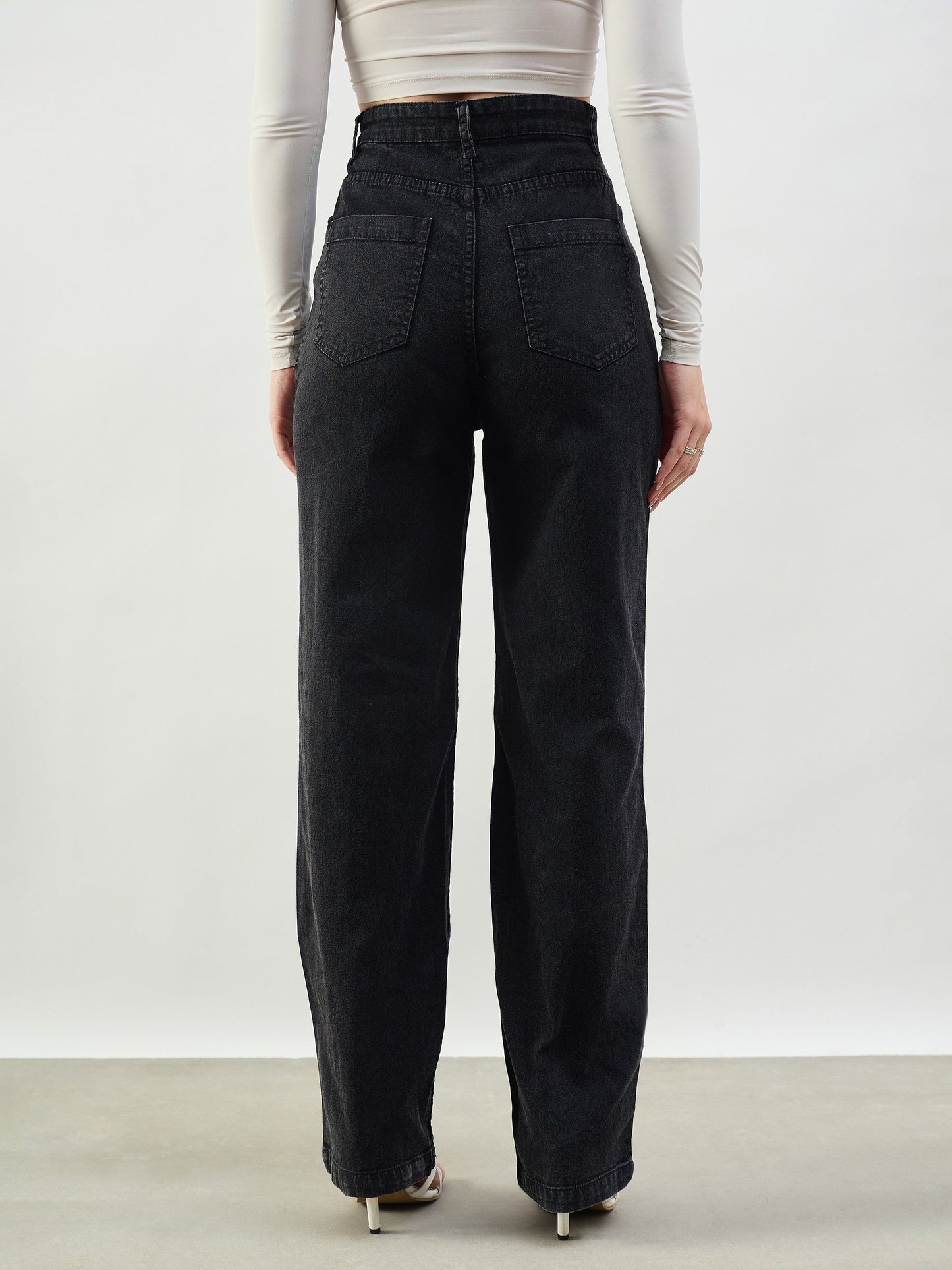 Women Black Whisker High Waist Straight Fit Jeans