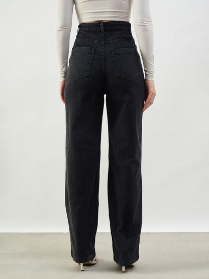 Women Black Whisker High Waist Straight Fit Jeans
