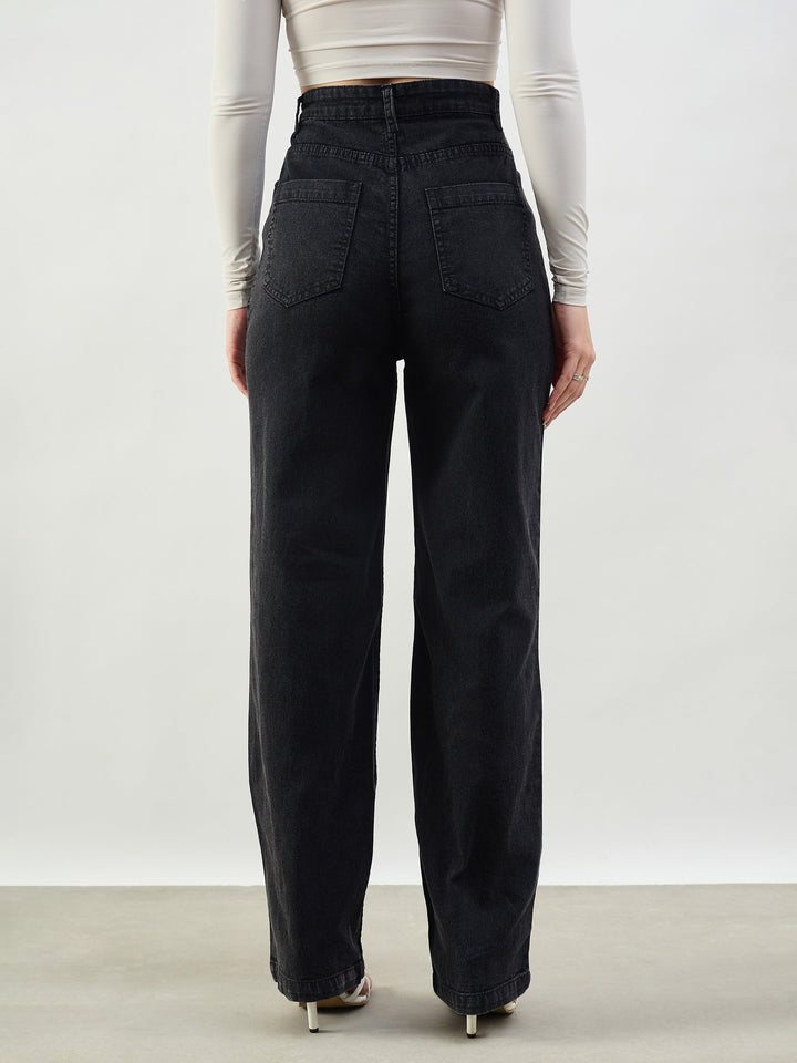 Women Black Whisker High Waist Straight Fit Jeans