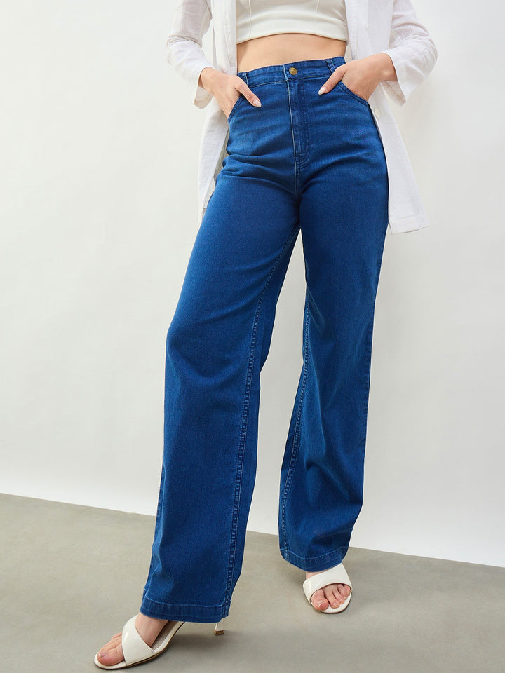 Women Blue Whisker High Waist Straight Fit Jeans