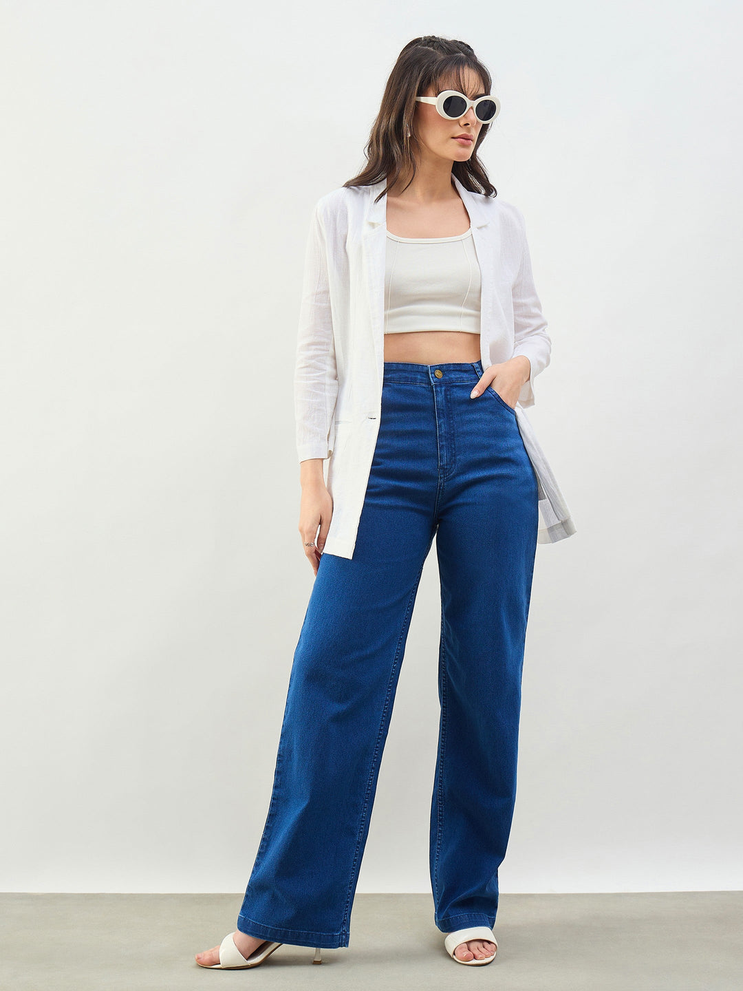 Women Blue Whisker High Waist Straight Fit Jeans