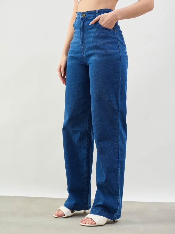 Women Blue Whisker High Waist Straight Fit Jeans