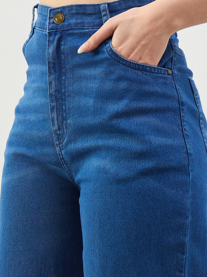 Women Blue Whisker High Waist Straight Fit Jeans