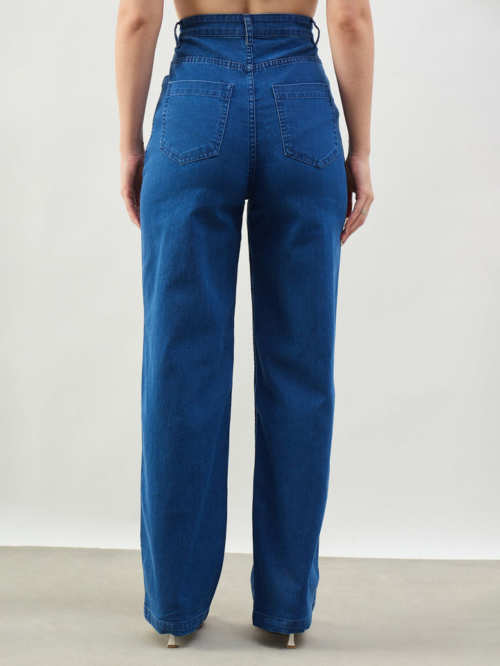 Women Blue Whisker High Waist Straight Fit Jeans
