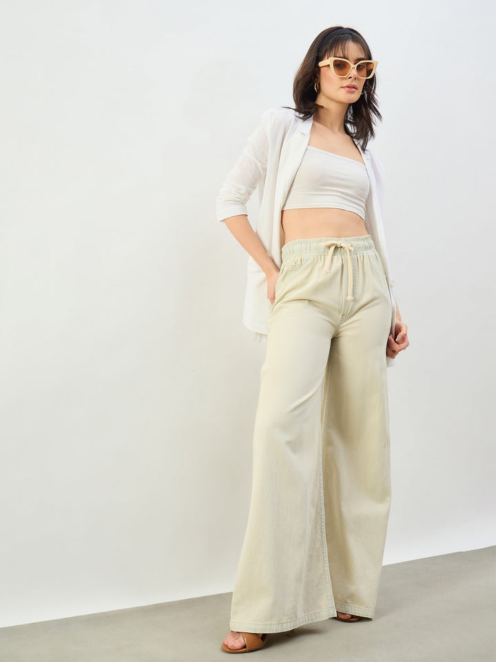Women Faded Beige Baggy Drawstring Jeans