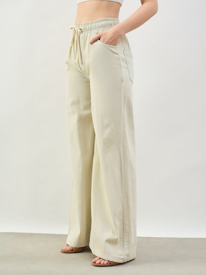 Women Faded Beige Baggy Drawstring Jeans