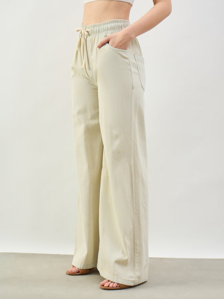 Women Faded Beige Baggy Drawstring Jeans