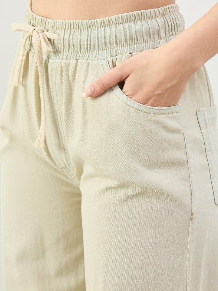 Women Faded Beige Baggy Drawstring Jeans