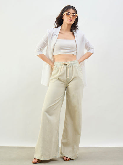 Women Faded Beige Baggy Drawstring Jeans