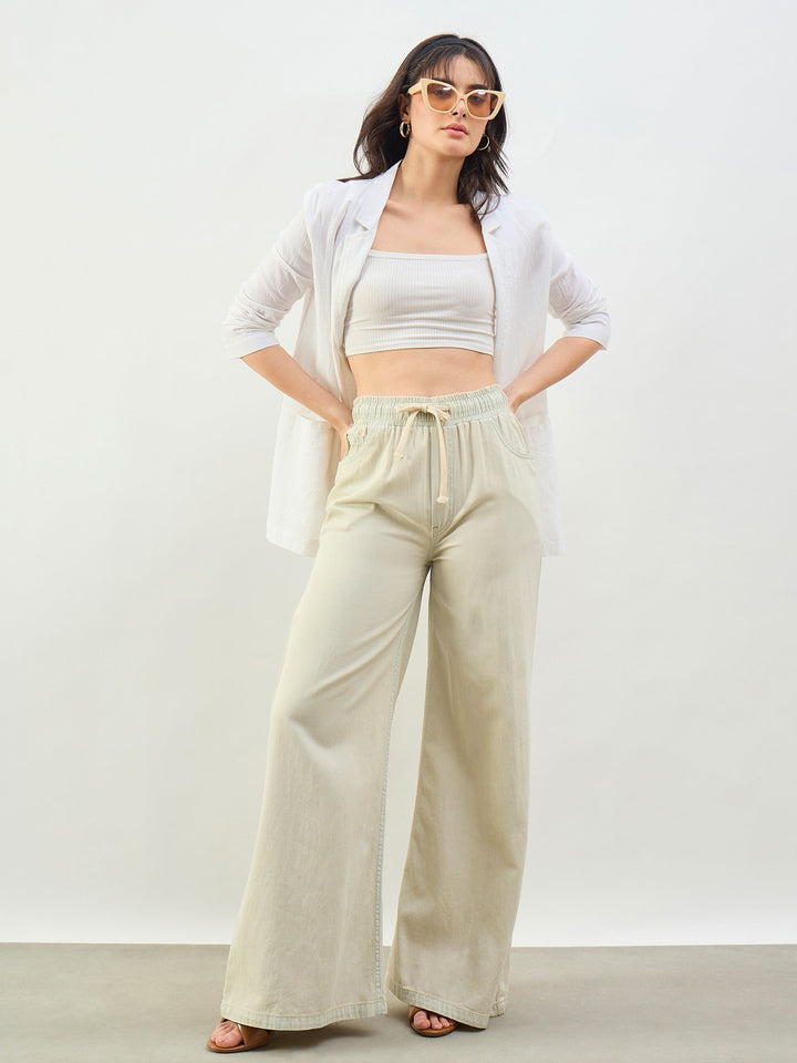 Women Faded Beige Baggy Drawstring Jeans
