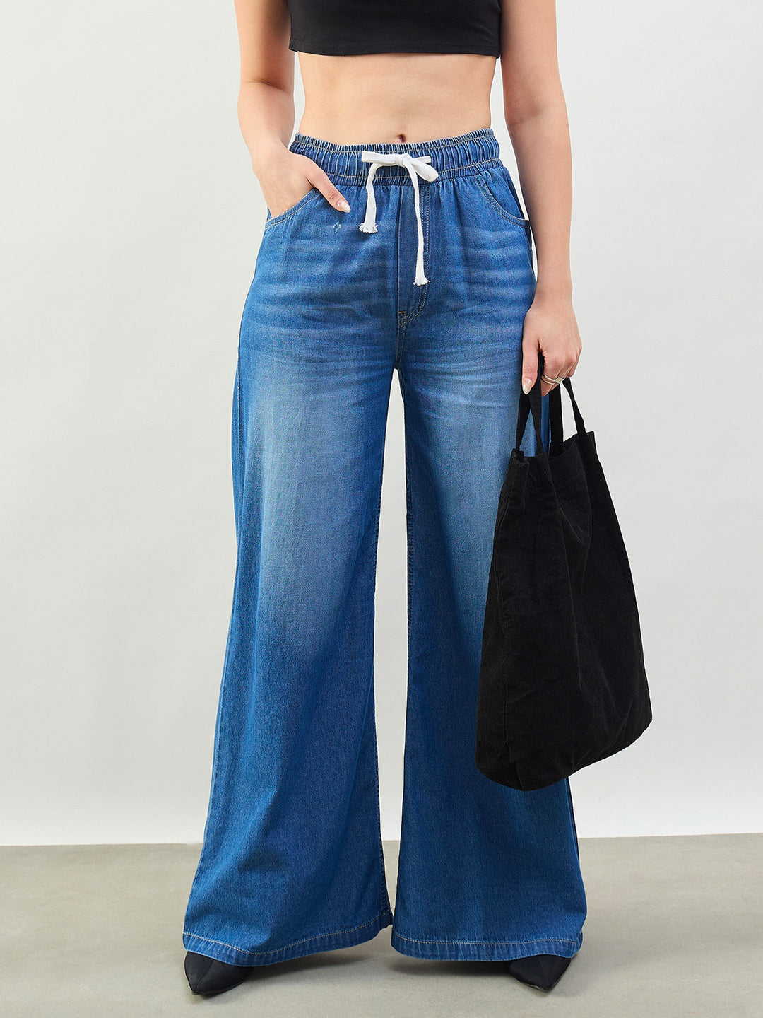 Women Blue Whiskers Baggy Drawstring Jeans