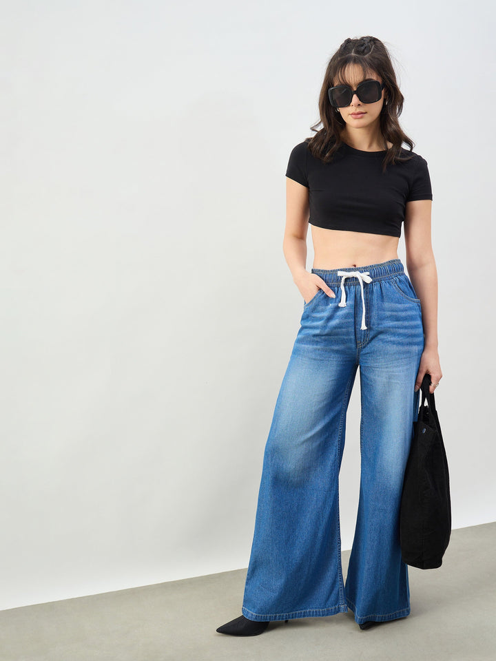 Women Blue Whiskers Baggy Drawstring Jeans