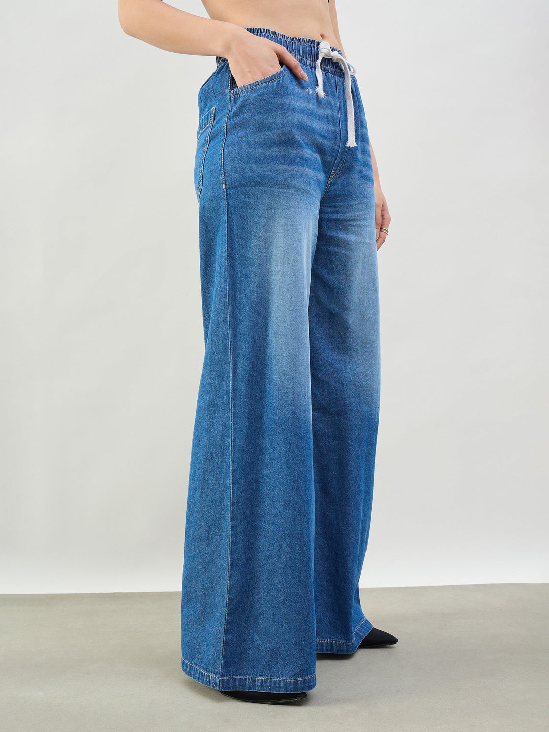 Women Blue Whiskers Baggy Drawstring Jeans