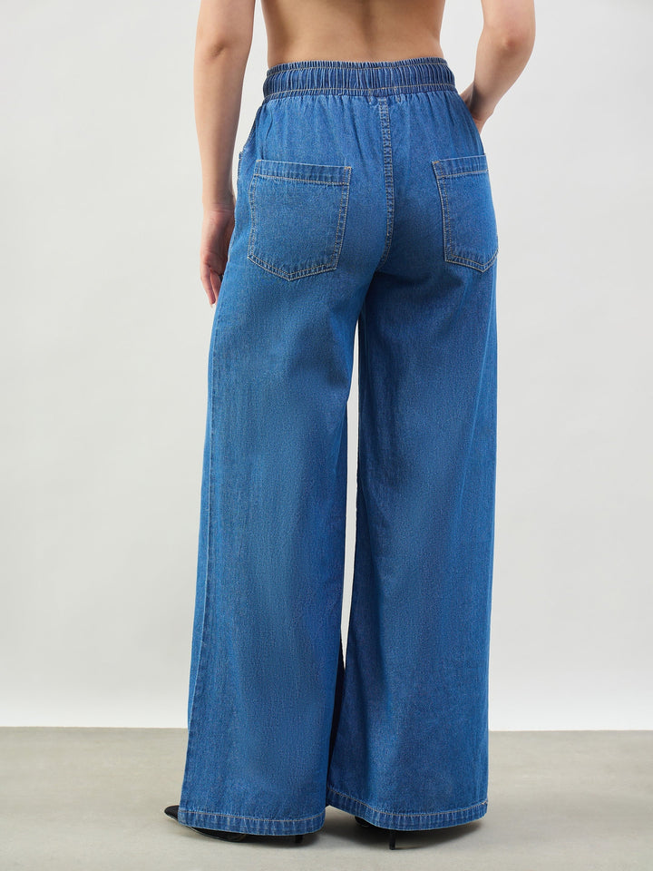 Women Blue Whiskers Baggy Drawstring Jeans