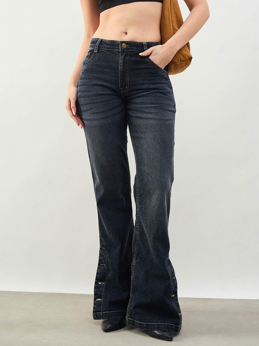 Women Black Washed Button-at-Hem Boot Cut Jeans