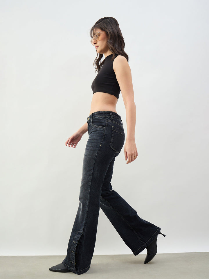 Women Black Washed Button-at-Hem Boot Cut Jeans
