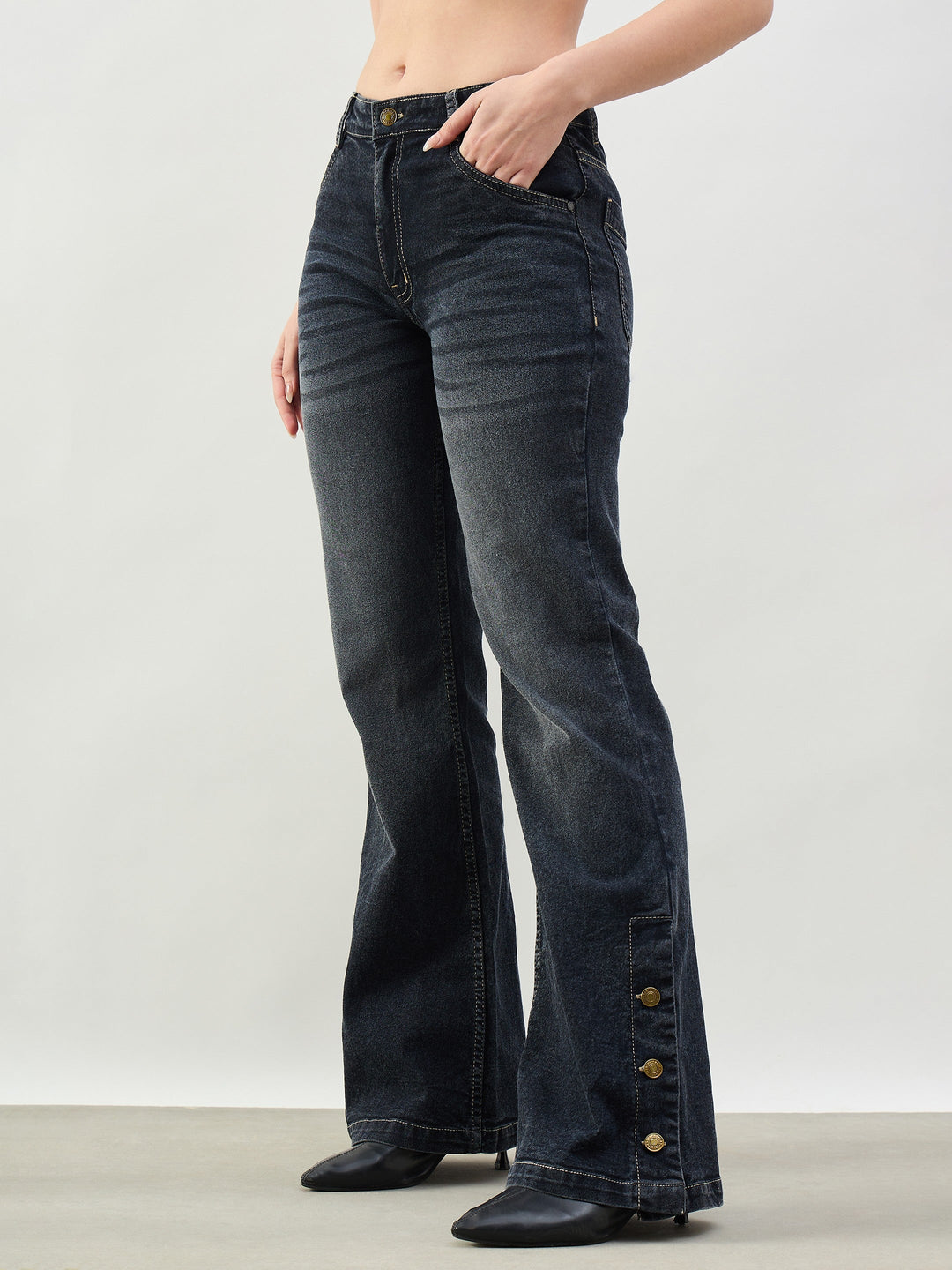 Women Black Washed Button-at-Hem Boot Cut Jeans