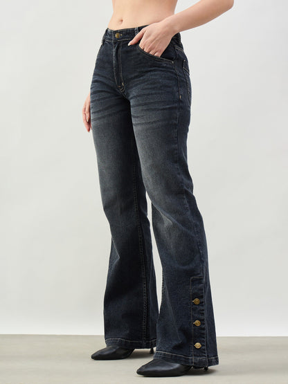 Women Black Washed Button-at-Hem Boot Cut Jeans