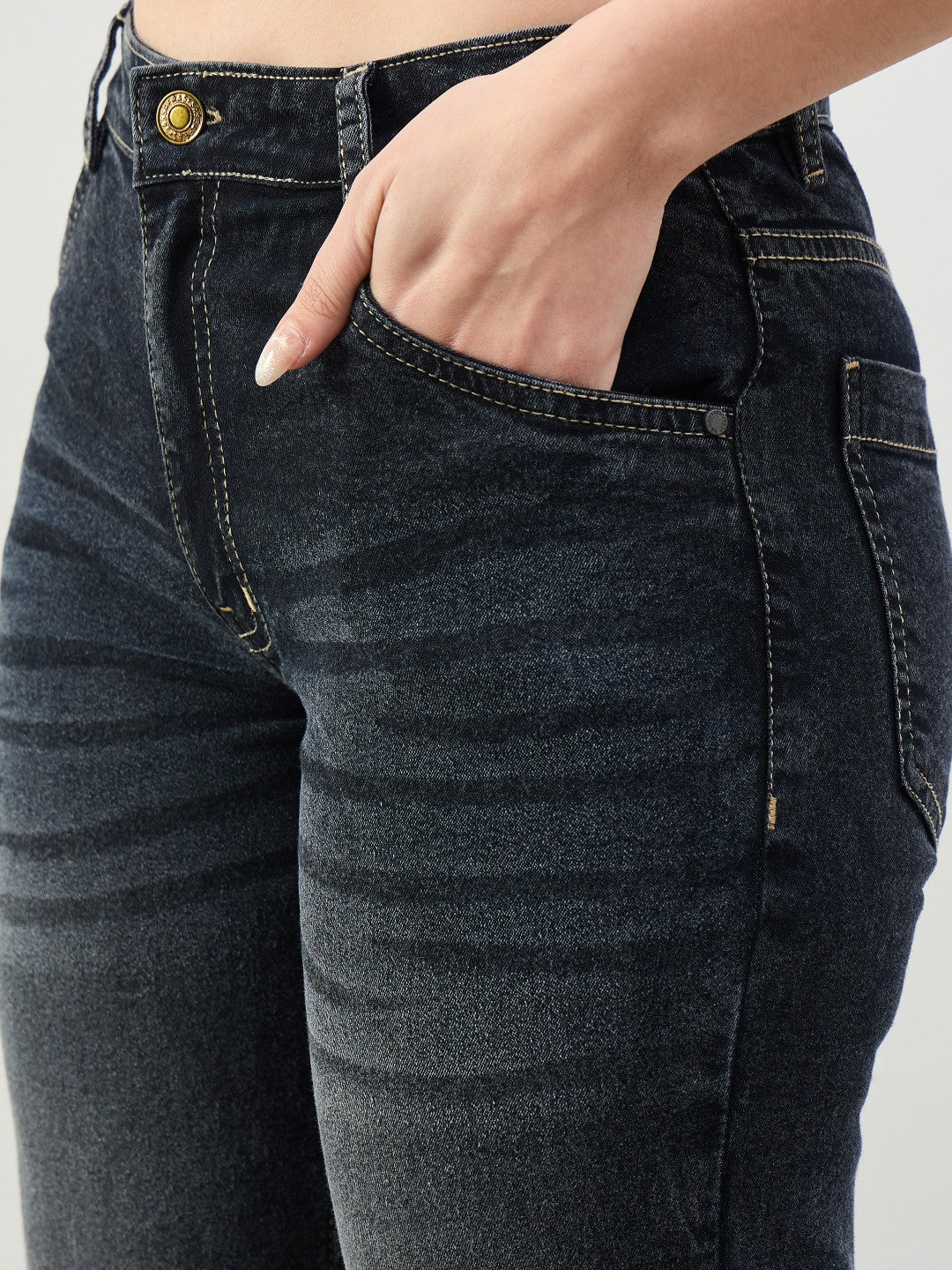 Women Black Washed Button-at-Hem Boot Cut Jeans