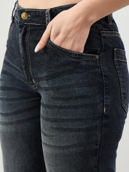 Women Black Washed Button-at-Hem Boot Cut Jeans