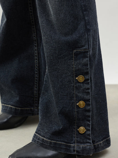 Women Black Washed Button-at-Hem Boot Cut Jeans