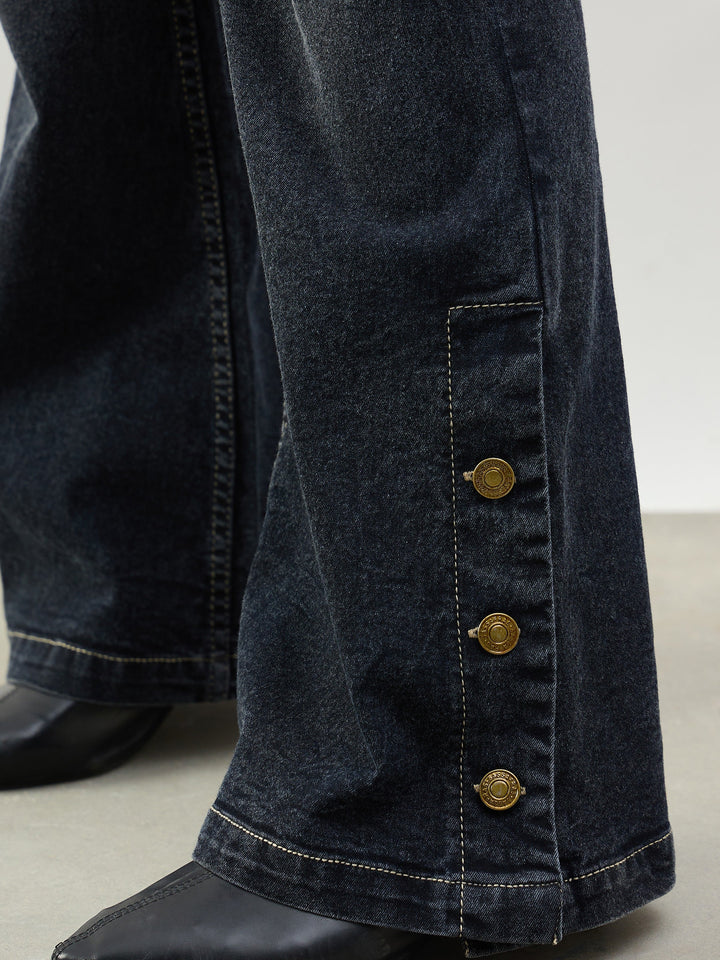 Women Black Washed Button-at-Hem Boot Cut Jeans