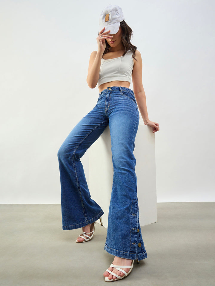 Women Blue Washed Button-at-Hem Boot Cut Jeans