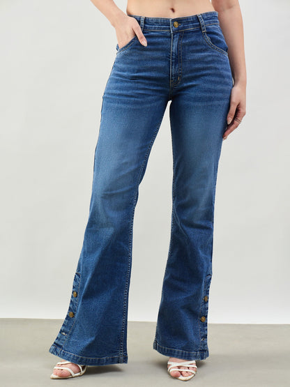 Women Blue Washed Button-at-Hem Boot Cut Jeans