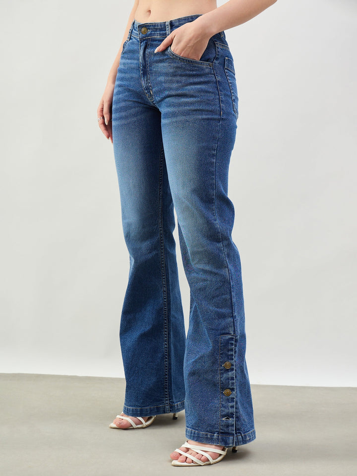 Women Blue Washed Button-at-Hem Boot Cut Jeans