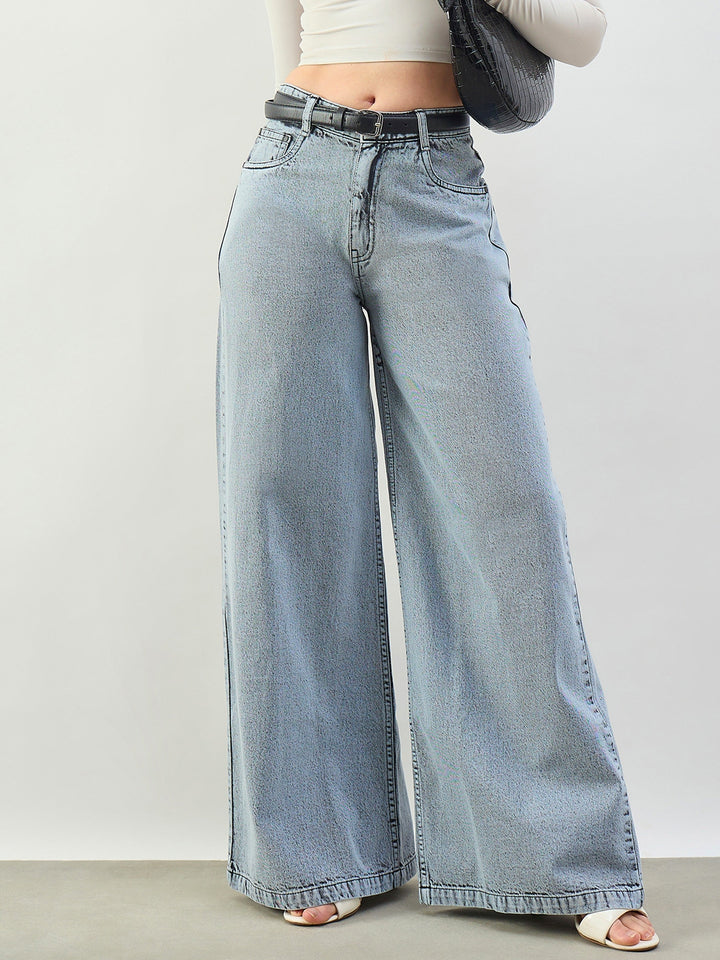 Women Grey Wash Low Waist Wide Leg Jeans