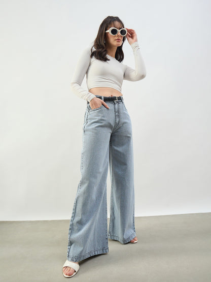 Women Grey Wash Low Waist Wide Leg Jeans