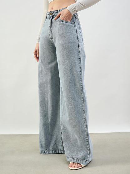 Women Grey Wash Low Waist Wide Leg Jeans