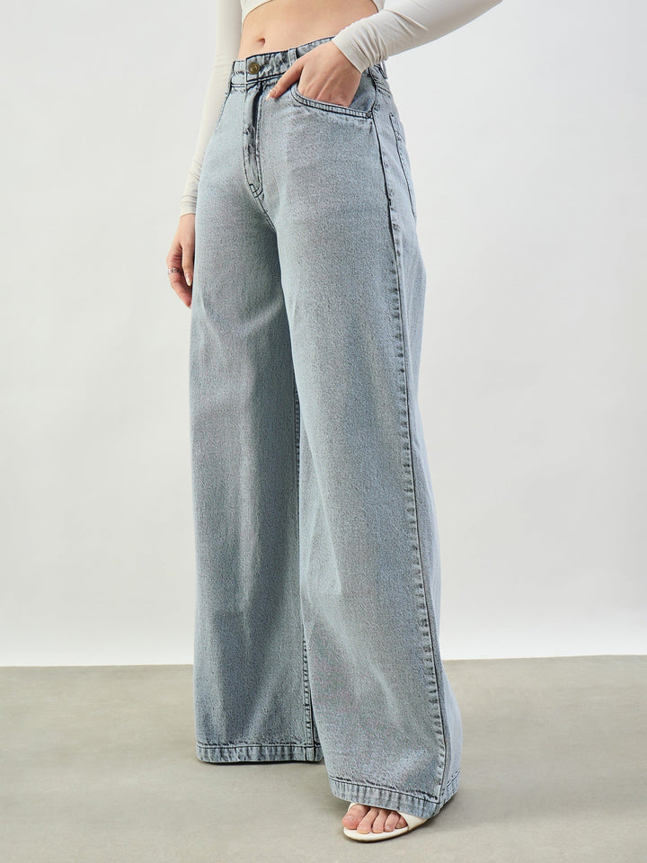 Women Grey Wash Low Waist Wide Leg Jeans